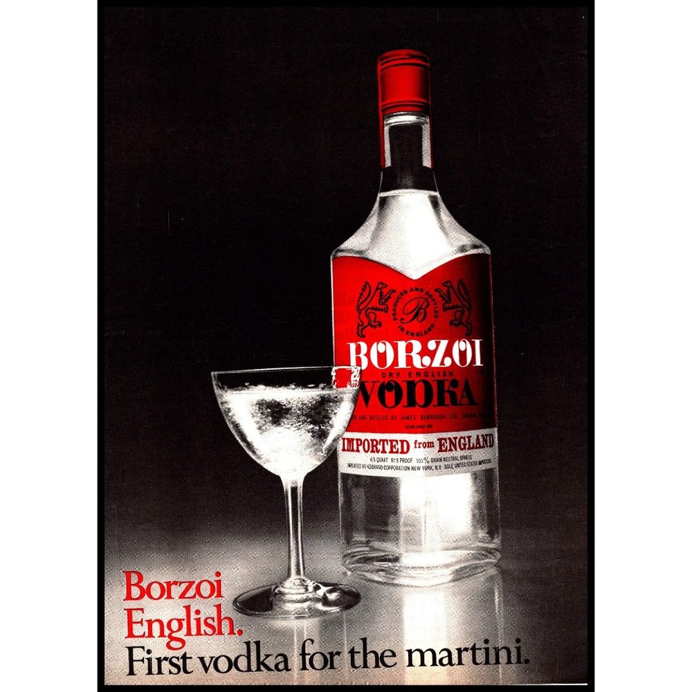 1971 Borzoi Dry English Vodka Vintage Print Ad Martini Red Bottle Bar Wall Art